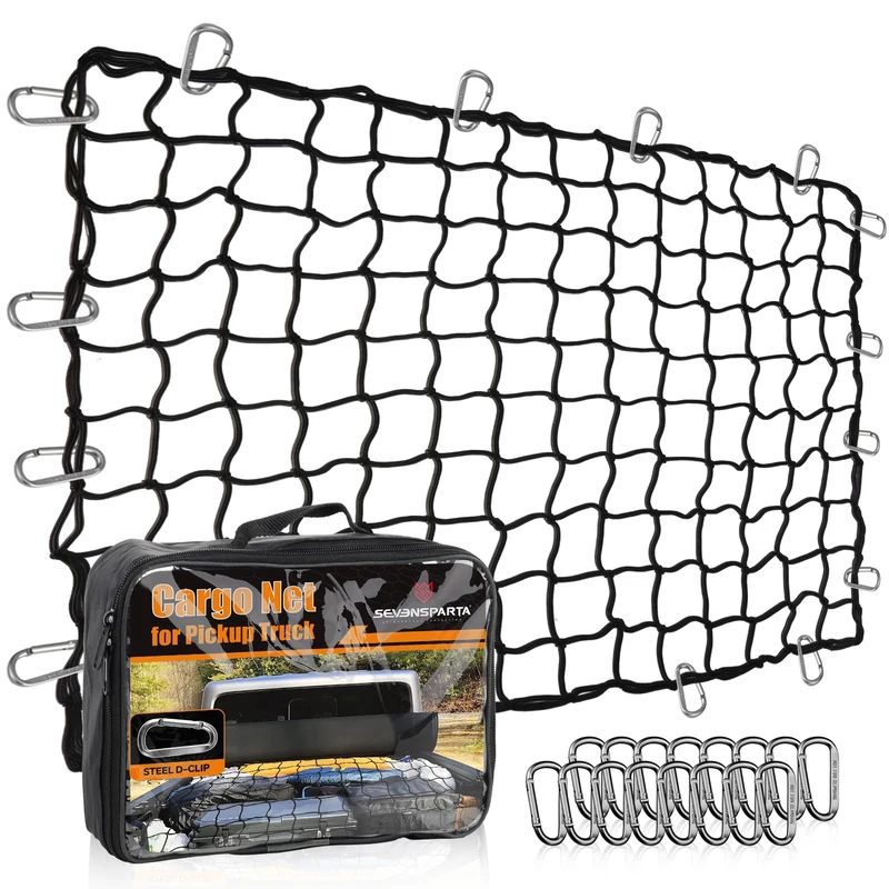 Seven Sparta 5’ x 7’ Bungee Cargo Net Stretches to 10' x 14' for Truck Bed, Pickup Bed, Trailer, Trunk, SUV with 16 Bonus D Clip Carabiners Car Organizer Net for Large Loads (Black)