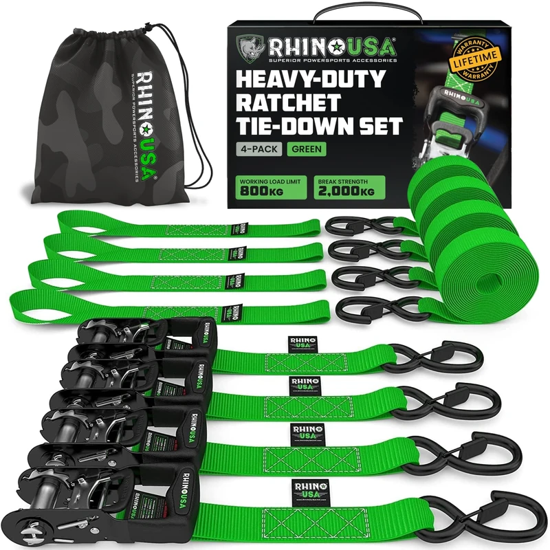 Rhino USA Heavy Duty Ratchet Tie Down Straps (4-Pack) - 4cm x 2.4m, 2,000kg