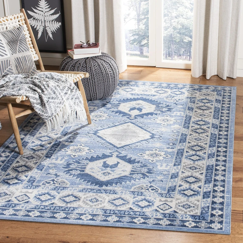 SAFAVIEH Tribal Inspired Rug for Living Room, Dining Room, Bedroom - Kazak Collection, Short Pile, in Blue and Creme, 122 X 183 cm