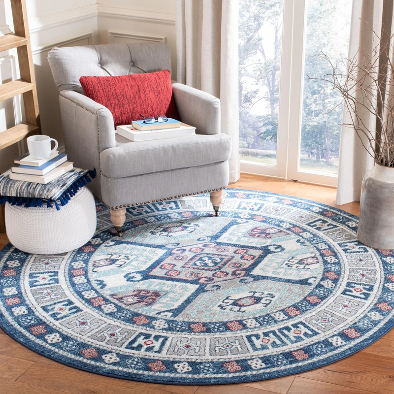 SAFAVIEH Tribal Inspired Rug for Living Room, Dining Room, Bedroom - Kazak Collection, Short Pile, in Blue and Grey, 201 X 201 cm