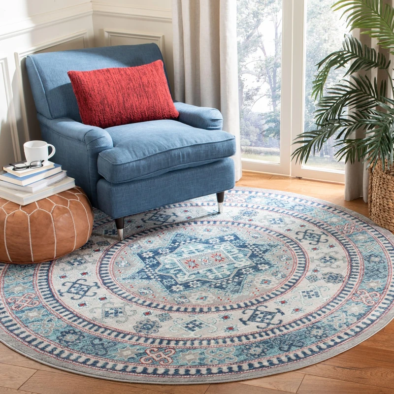 SAFAVIEH Tribal Inspired Rug for Living Room, Dining Room, Bedroom - Kazak Collection, Short Pile, in Grey and Blue, 201 X 201 cm