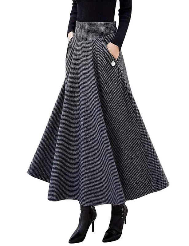 IDEALSANXUN Women’s Fall/Winter High Waist Plaid Slim A-line Long Skirt, Dark Grey, M