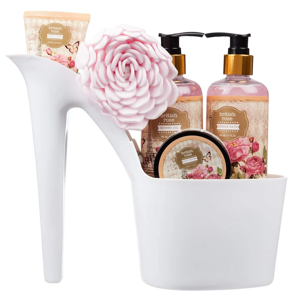5 Piece Stylish British Rose Body & Bath High Heel Shoe Gift Set - Includes Shower Gel, Bubble Bath, Body Butter, Body Lotion and an Eva Puff