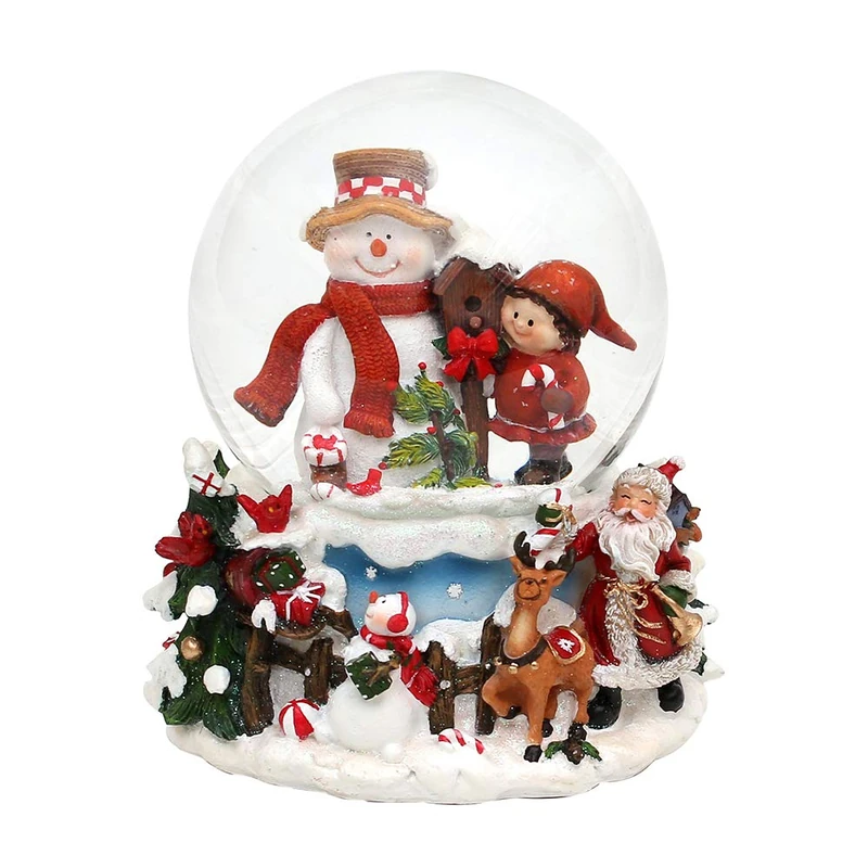 Dekohelden24 Snow globe snowman with child on elaborately decorated base, with musical mechanism, melody: White Christmas, dimensions (L x W x H): 12.5 x 12 x 14.5 cm, ball diameter 10 cm