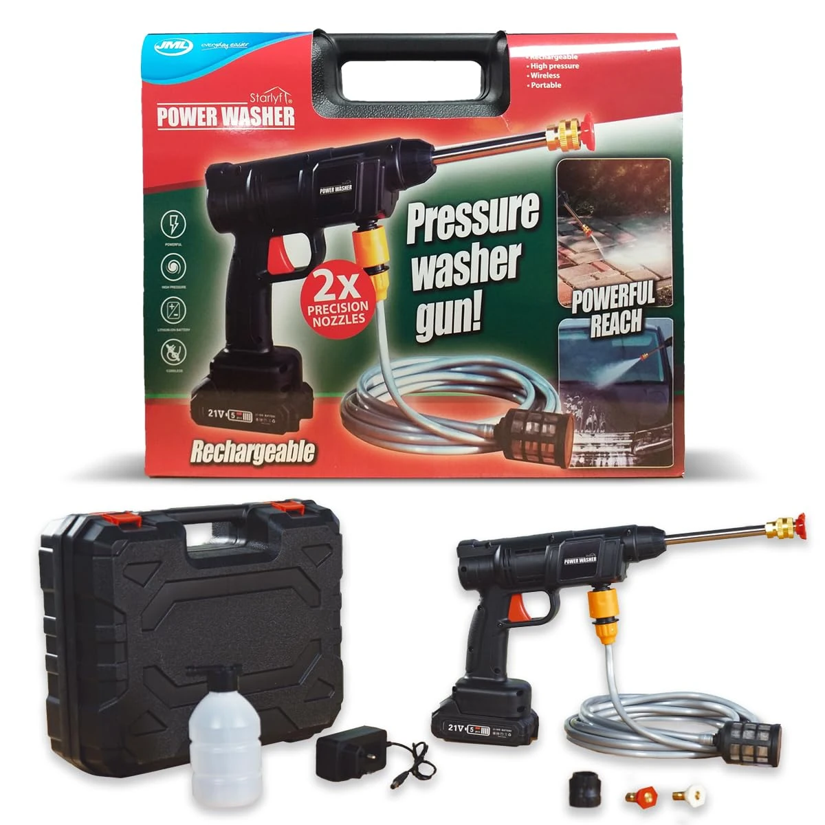 JML Starlyf Pressure Washer - Cordless Power Washers for Patio and Car with 40 Bar High-Pressure Battery Jet Wash with 30ft Reach, Portable Car Accessories with Soap Foamer Attachment