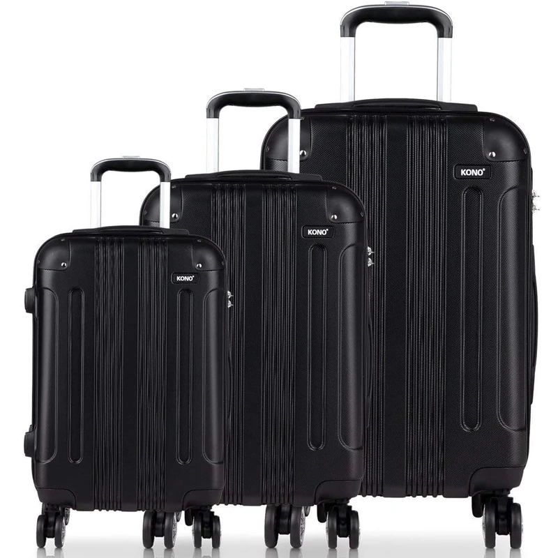 Kono Luggage Sets ABS Hard Shell Suitcases 3 Pieces 20" 24" 28" Inches 4 Wheels Suitcase (V Black Set) K1777 BK SET