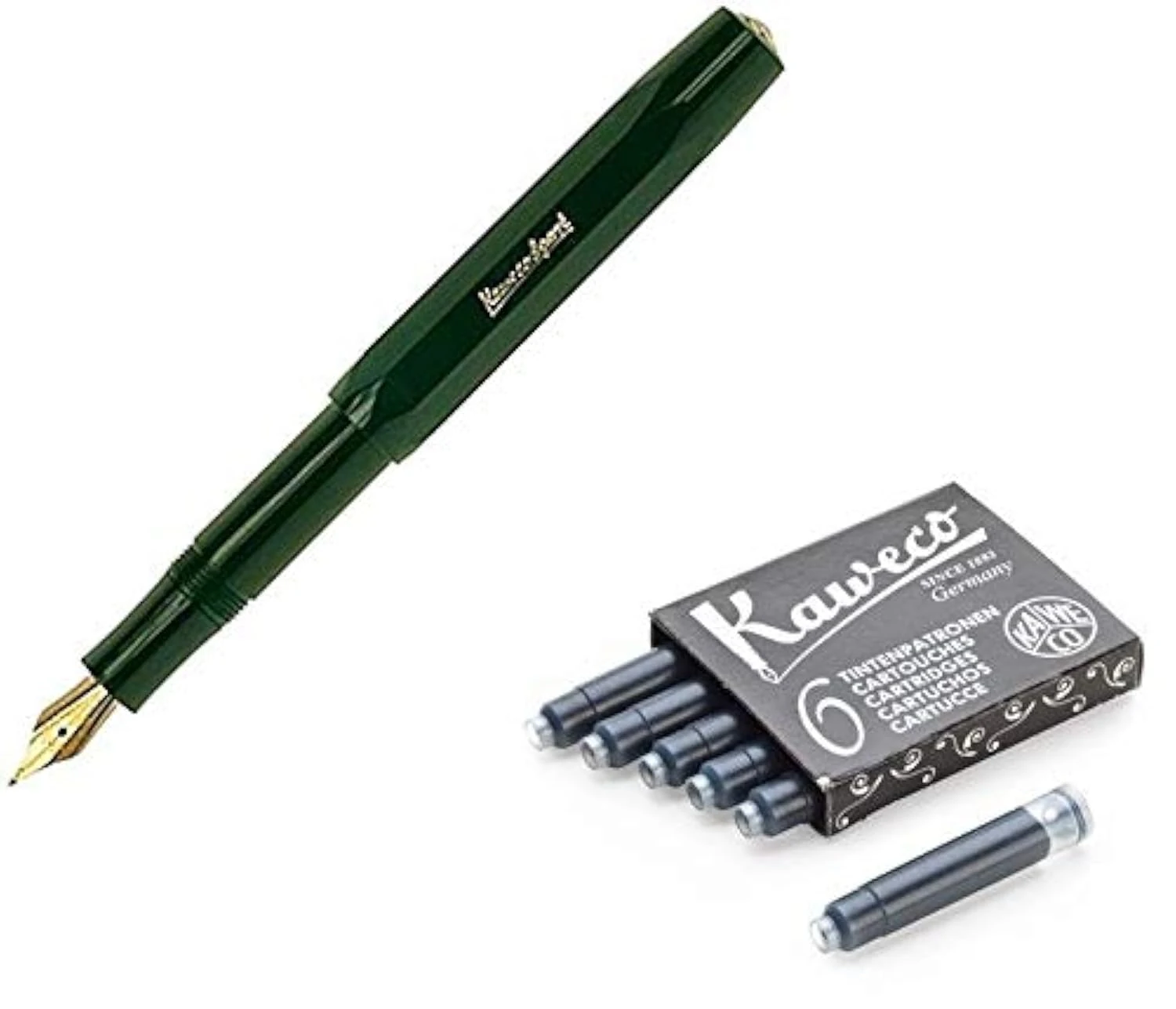 Kaweco Classic Sport Fine Nib Fountain Pen + Pack of 6 Black Ink Cartridges Set (Green)