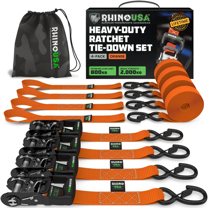 Rhino USA Ratchet Tie Down Straps (Set of 4) - 2000kg Max Break Strength, 4cm x 2.4m Heavy Duty Tie Downs with Hooks (4pcs) - Strap for Furniture Moving & Securing Cargo - Orange