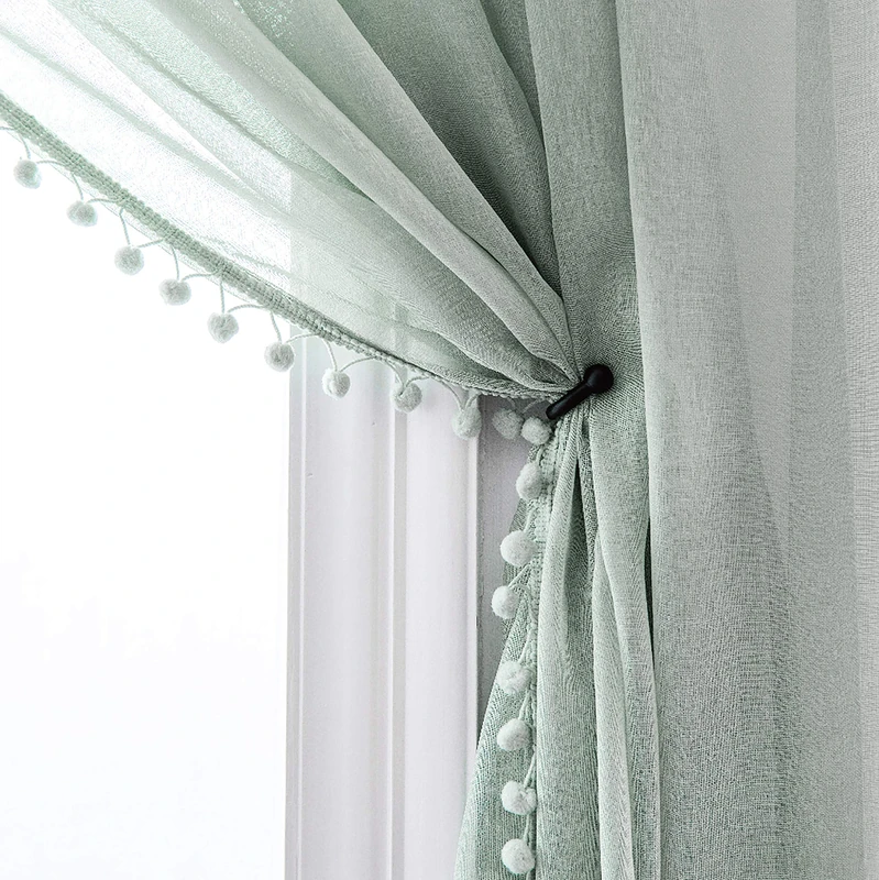 MISS SELECTEX Linen Look Pom Pom Tasseled Sheer Curtains - Rod Pocket Voile Semi-Sheer Curtains for Living and Bedroom, Set of 2 Curtain Panels (52 x 84 inch, Aqua)