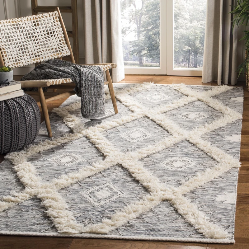 Safavieh Moroccan Inspired Indoor Hand Knotted Rectangle Area Rug, Kenya Collection, KNY455, in Grey / Ivory, 183 X 274 cm for Living Room, Bedroom or Any Indoor Space