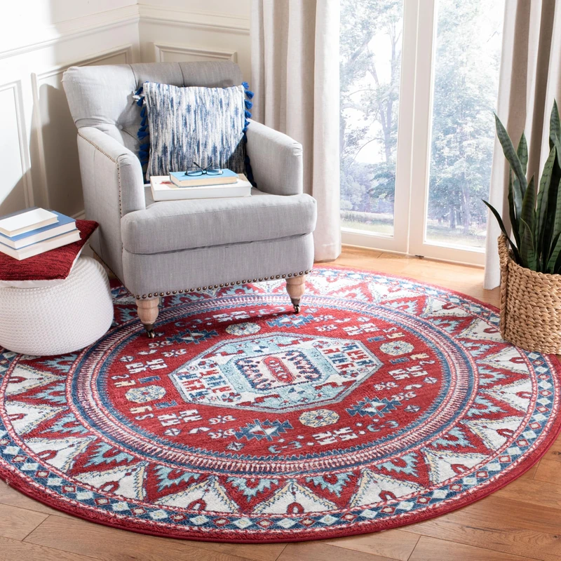 SAFAVIEH Tribal Inspired Rug for Living Room, Dining Room, Bedroom - Kazak Collection, Short Pile, in Red and Blue, 201 X 201 cm