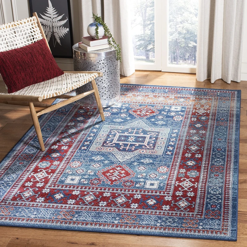 SAFAVIEH Tribal Inspired Rug for Living Room, Dining Room, Bedroom - Kazak Collection, Short Pile, in Red and Blue, 160 X 229 cm