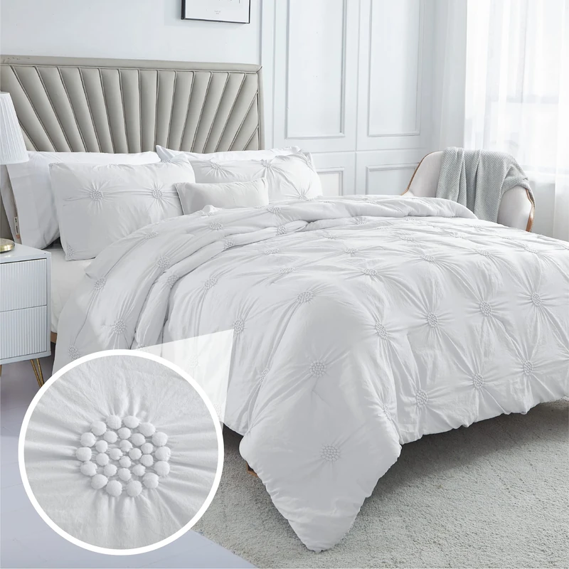 Swift Home King White 3-Piece Down Alternative Comforter Set Bedding Ruched 3D Floral Pintuck All-Season, Machine Washable