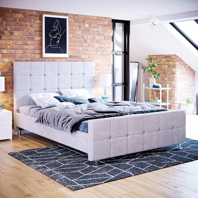 Vida Designs Valentina Double Bed, 4 Ft 6 Bed Frame Upholstered Fabric Headboard Bedroom Furniture, Light Grey Velvet (UKFR Certified)