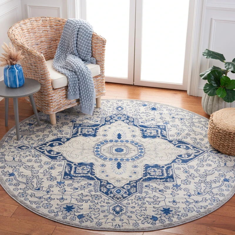 Safavieh Traditional Indoor Woven Round Area Rug, Brentwood Collection, BNT816, in Cream / Blue, 201 X 201 cm for Living Room, Bedroom or Any Indoor Space