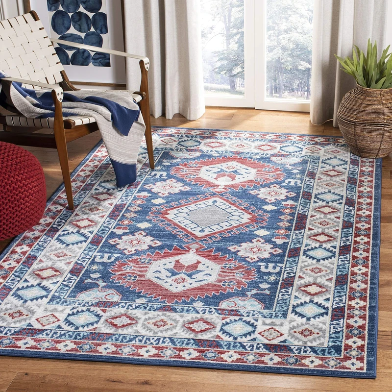 Safavieh Tribal Inspired Indoor Woven Rectangle Area Rug, Kazak Collection, KZK119, in Navy / Red, 160 X 229 cm for Living Room, Bedroom or Any Indoor Space