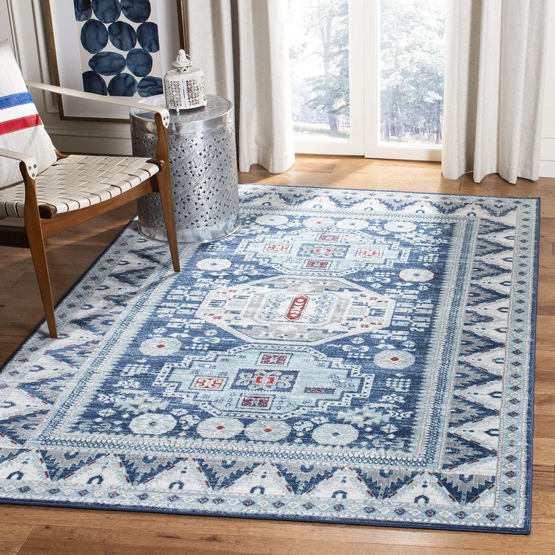 SAFAVIEH Tribal Inspired Rug for Living Room, Dining Room, Bedroom - Kazak Collection, Short Pile, in Blue and Creme, 122 X 183 cm