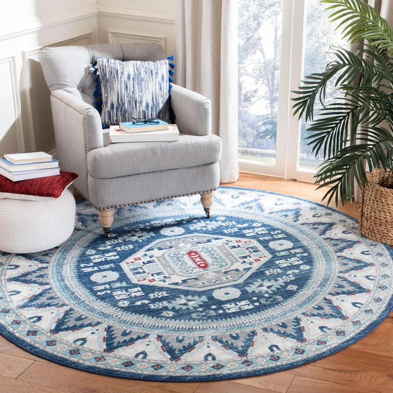 Safavieh Tribal Inspired Indoor Woven Round Area Rug, Kazak Collection, KZK118, in Blue / Creme, 201 X 201 cm for Living Room, Bedroom or Any Indoor Space - Image 1