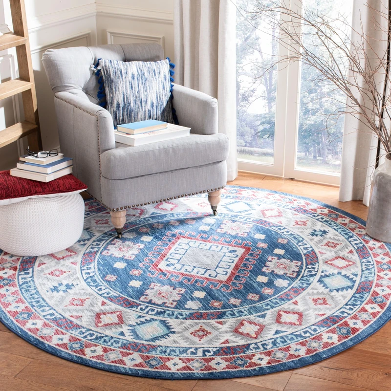 Safavieh Tribal Inspired Indoor Woven Round Area Rug, Kazak Collection, KZK119, in Navy / Red, 201 X 201 cm for Living Room, Bedroom or Any Indoor Space