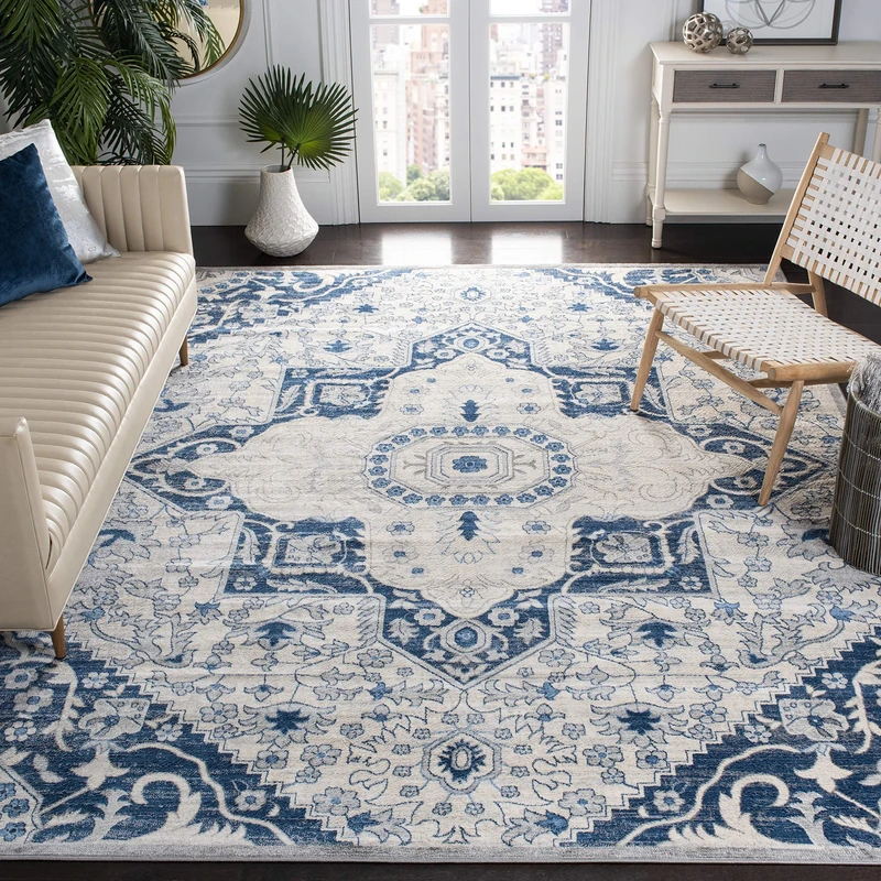 Safavieh Traditional Indoor Woven Square Area Rug, Brentwood Collection, BNT816, in Cream / Blue, 201 X 201 cm for Living Room, Bedroom or Any Indoor Space