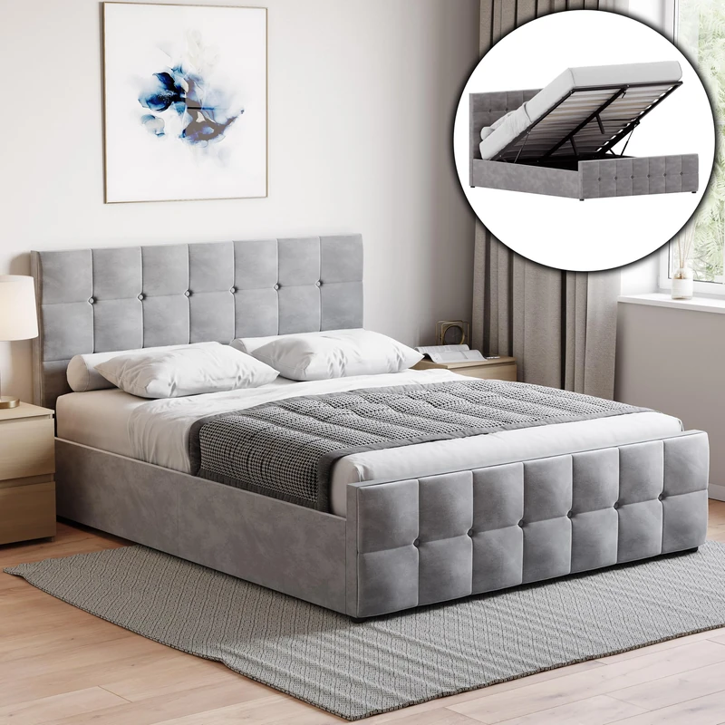 Vida Designs Valentina King Ottoman Storage Bed Frame – Light Grey Silver – Lift-Up Storage Design – 106H x 160W x 217D cm – Gas Lift Mechanism – UKFR Certified