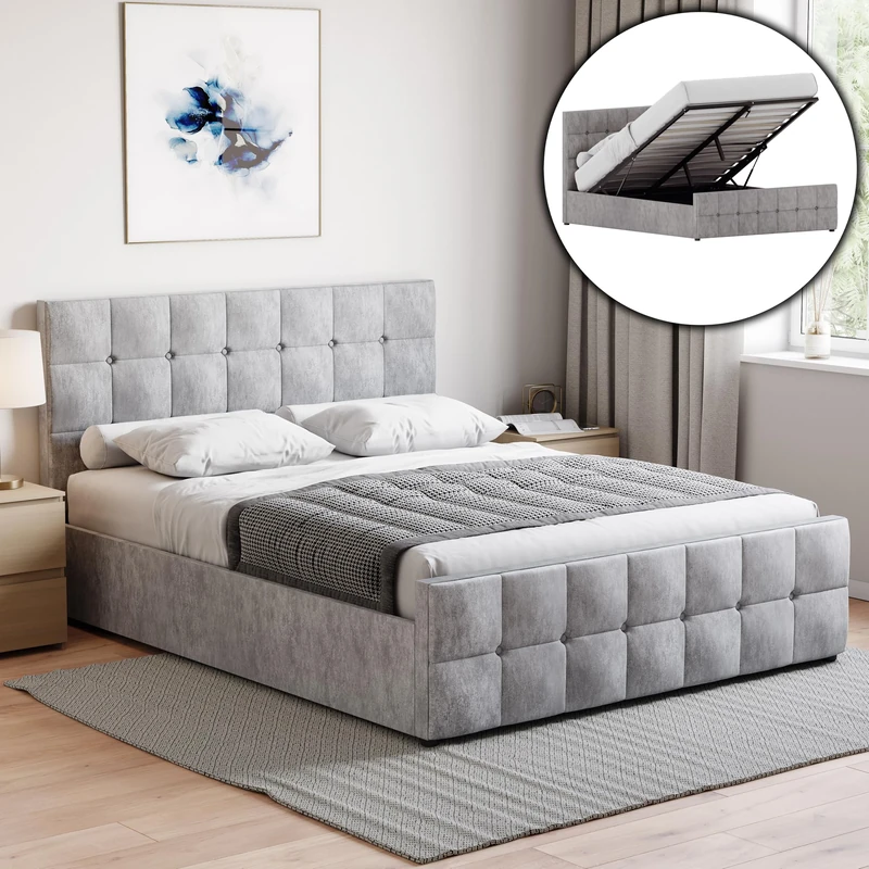 Vida Designs Valentina King Size Ottoman Bed – 5ft Bed Frame with Modern Lift-Up Storage, Upholstered Fabric Headboard, Crushed Velvet Silver, Bedroom Furniture (UKFR Certified)