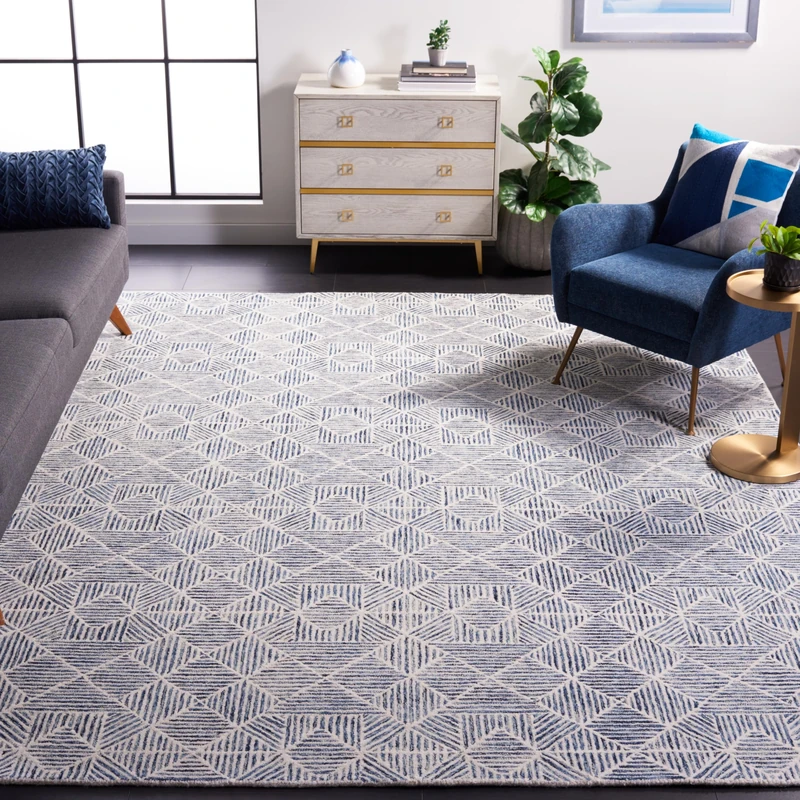 SAFAVIEH Abstract Collection Contemporary Rug for Living Room Dining Room Bedroom Short Pile Blue and Ivory 108 x 144 Inch