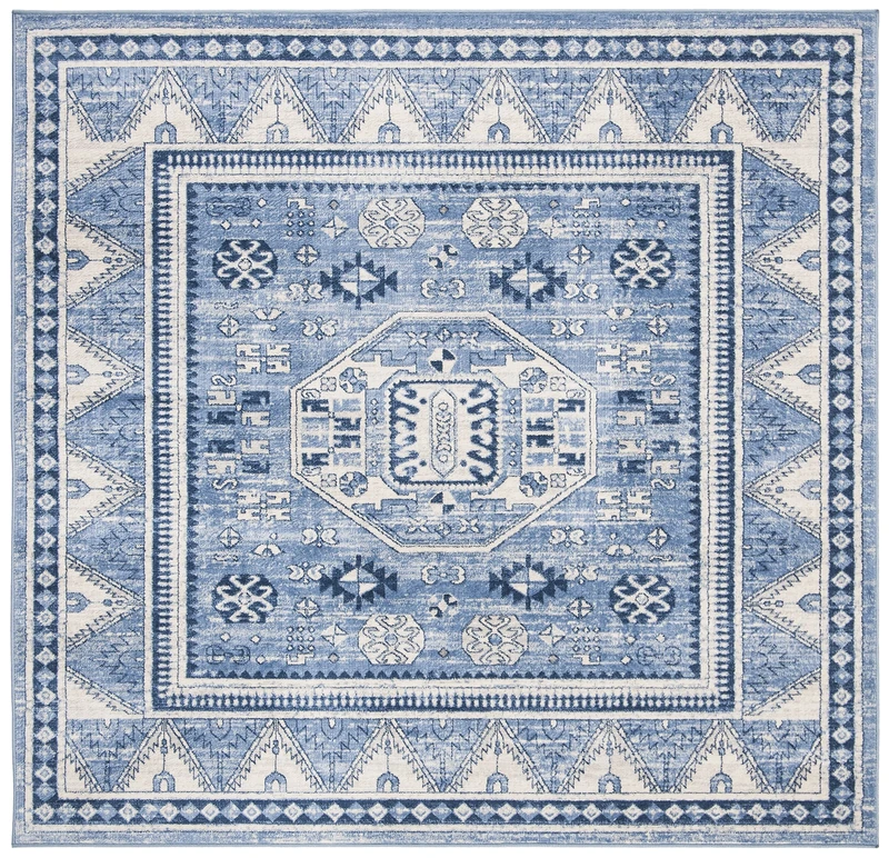 SAFAVIEH Tribal Inspired Rug for Living Room, Dining Room, Bedroom - Kazak Collection, Short Pile, in Blue and Grey, 201 X 201 cm