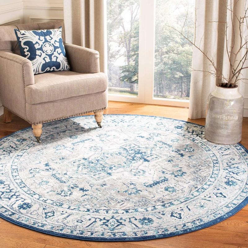Safavieh Traditional Indoor Woven Round Area Rug, Brentwood Collection, BNT851, in Light Grey / Blue, 201 X 201 cm for Living Room, Bedroom or Any Indoor Space