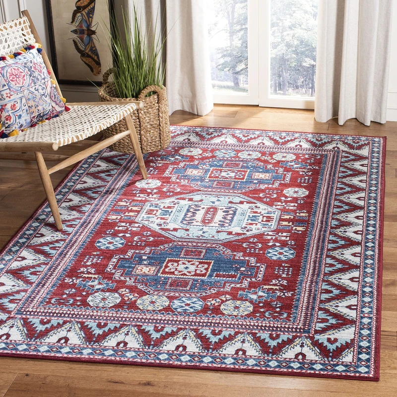 SAFAVIEH Tribal Inspired Rug for Living Room, Dining Room, Bedroom - Kazak Collection, Short Pile, in Red and Blue, 122 X 183 cm