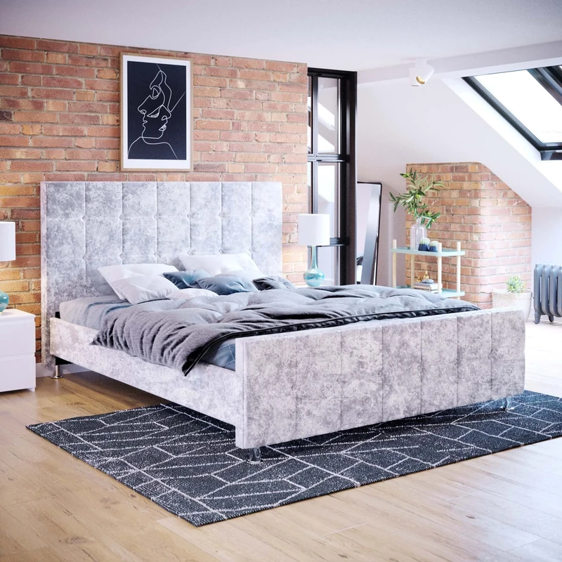 Vida Designs Valentina King Size Bed, 5 Ft Bed Frame Upholstered Fabric Headboard Bedroom Furniture, Crushed Velvet Silver, 118 X 157 X 216 Cm (UKFR Certified)