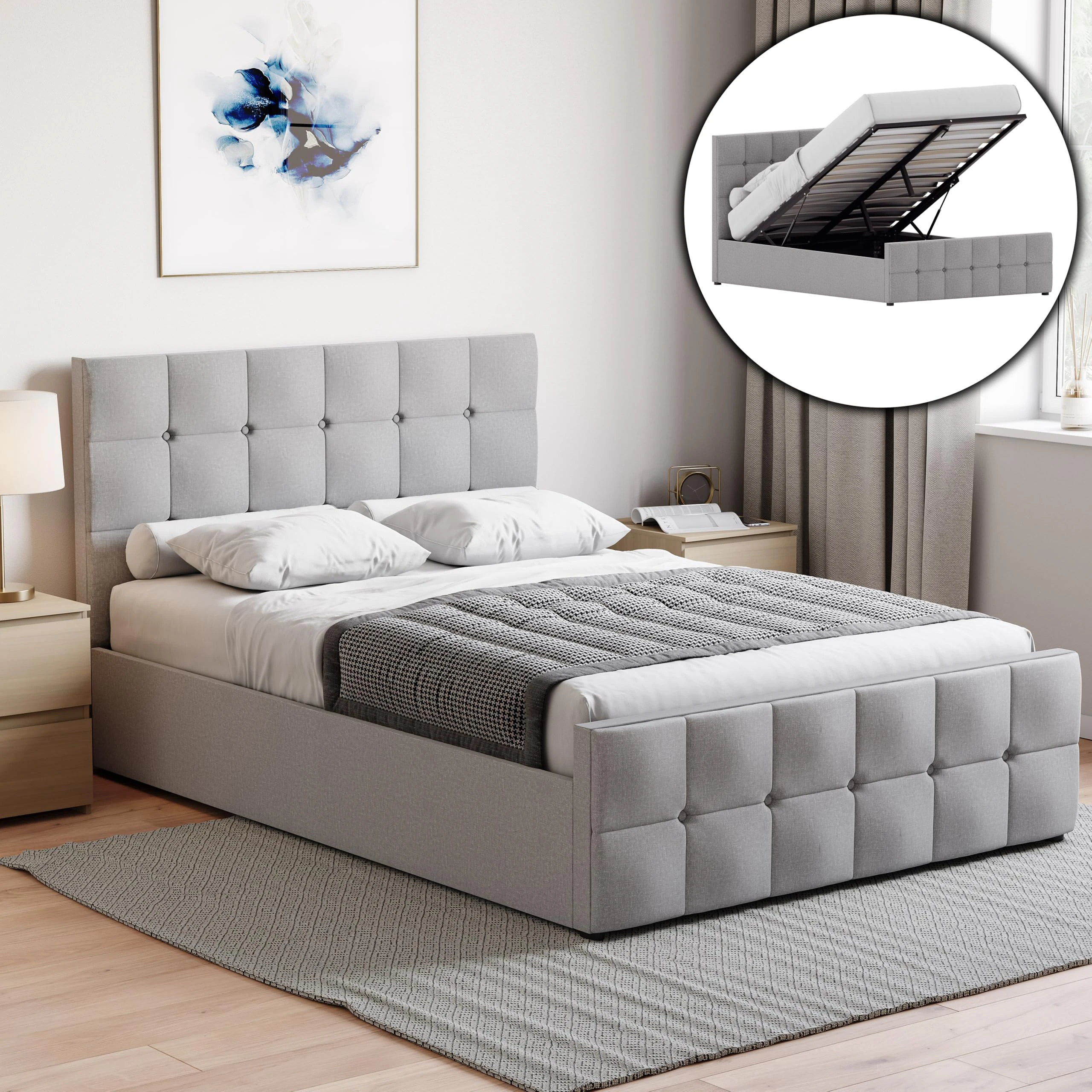 Vida Designs Valentina Double Ottoman Bed – 4ft 6in Bed Frame with Modern Lift-Up Storage, Upholstered Fabric Headboard, Light Grey Linen, Bedroom Furniture (UKFR Certified)