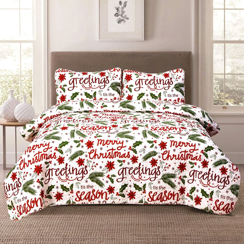 HowPlum King Holiday Quilt Bedding Set Christmas Winter Script, Red Green White