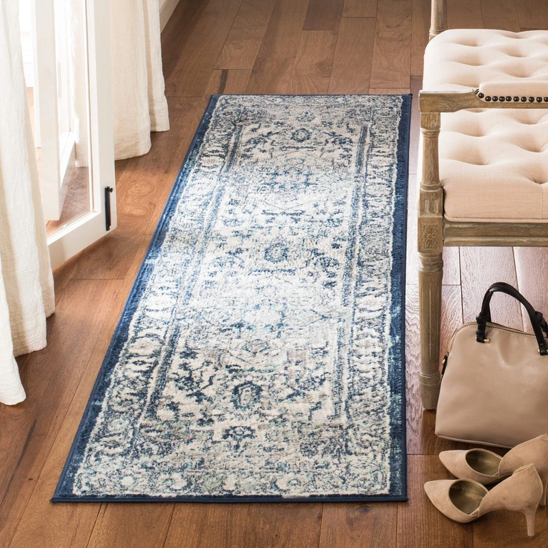 Safavieh Traditional Indoor Woven Runner Area Rug, Brentwood Collection, BNT851, in Light Grey / Blue, 61 X 244 cm for Living Room, Bedroom or Any Indoor Space