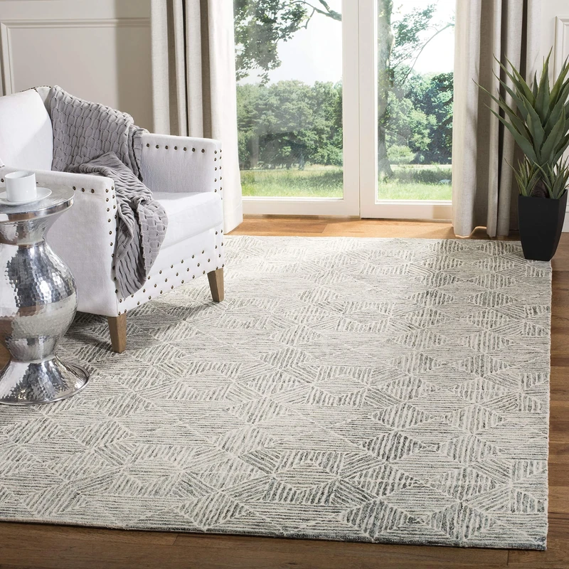 Safavieh Contemporary Rug for Living Room, Dining Room, Bedroom - Abstract Collection, Short Pile, in Ivory and Green, 152 X 229 cm