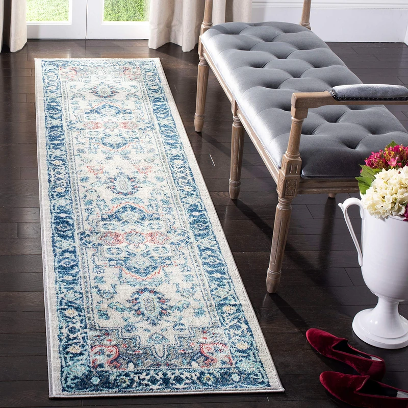 Safavieh Traditional Indoor Woven Runner Area Rug, Brentwood Collection, BNT811, in Light Grey / Blue, 61 X 244 cm for Living Room, Bedroom or Any Indoor Space