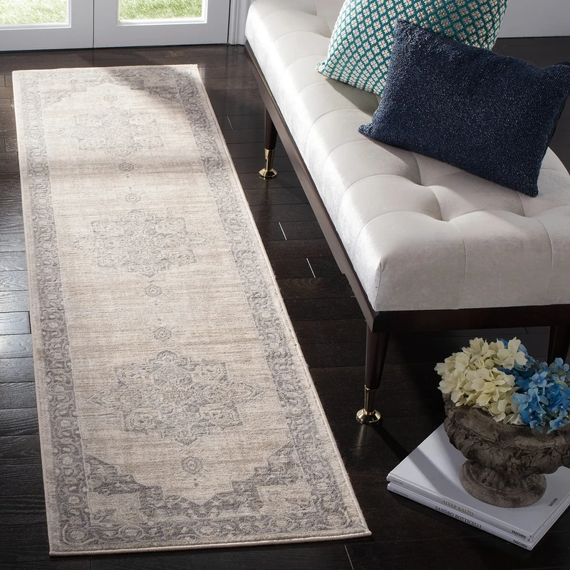 SAFAVIEH Brentwood Collection Runner Rug - 2' x 12', Cream & Grey, Medallion Distressed Design, Non-Shedding & Easy Care, Ideal for High Traffic Areas in Living Room, Bedroom (BNT865B)