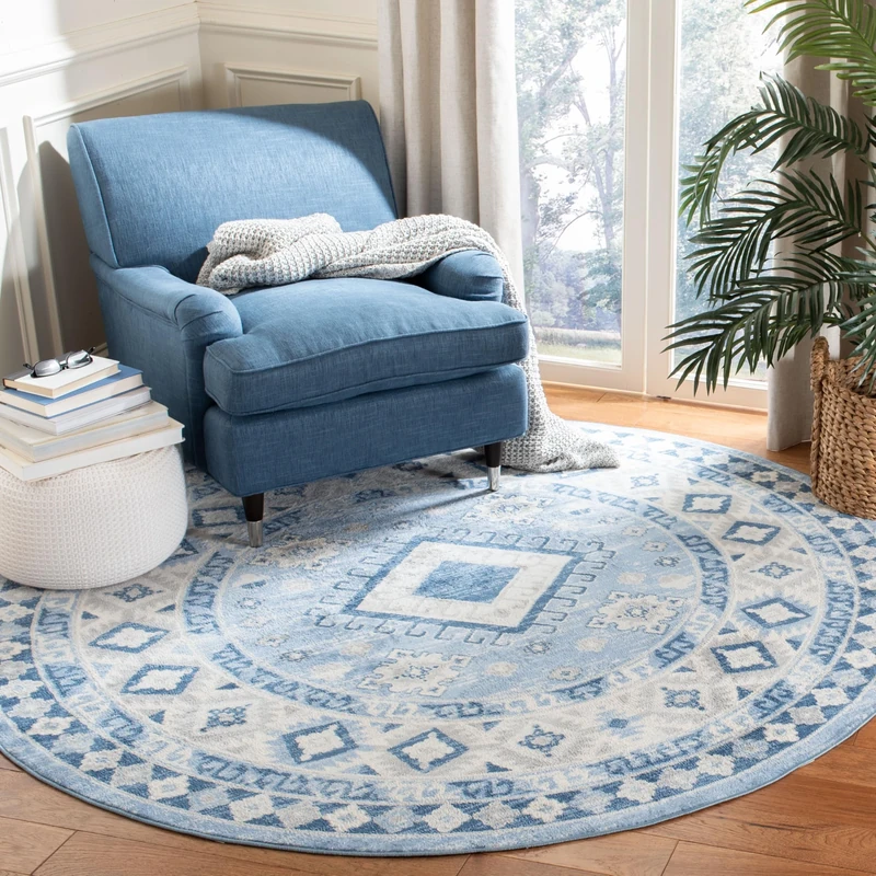 SAFAVIEH Tribal Inspired Rug for Living Room, Dining Room, Bedroom - Kazak Collection, Short Pile, in Blue and Creme, 201 X 201 cm