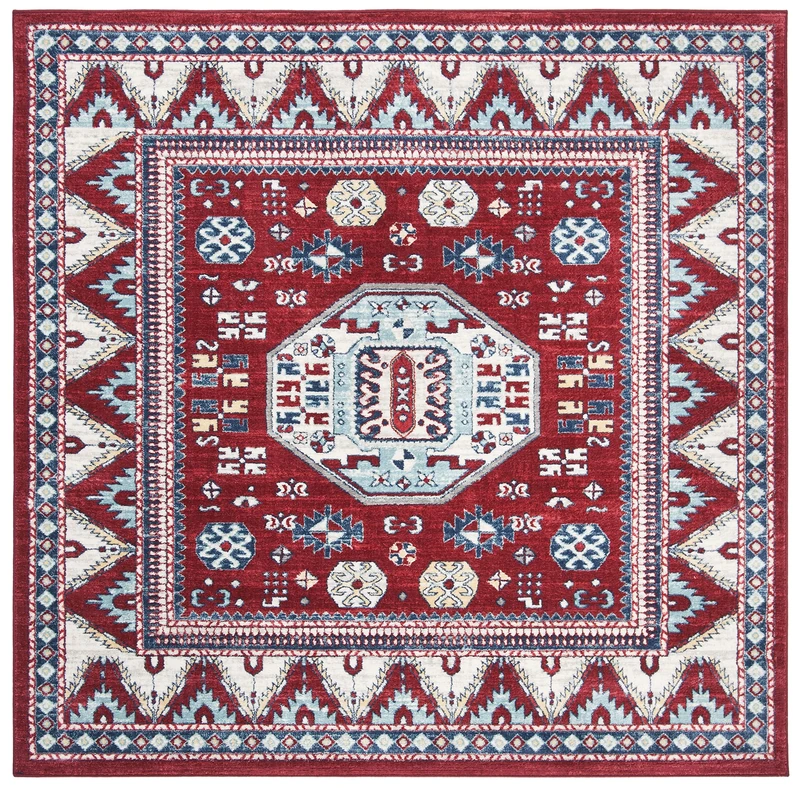 SAFAVIEH Tribal Inspired Rug for Living Room, Dining Room, Bedroom - Kazak Collection, Short Pile, in Red and Blue, 201 X 201 cm