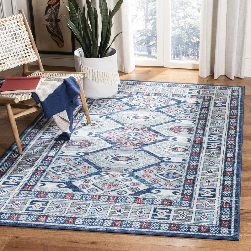 SAFAVIEH Tribal Inspired Rug for Living Room, Dining Room, Bedroom - Kazak Collection, Short Pile, in Blue and Grey, 160 X 229 cm