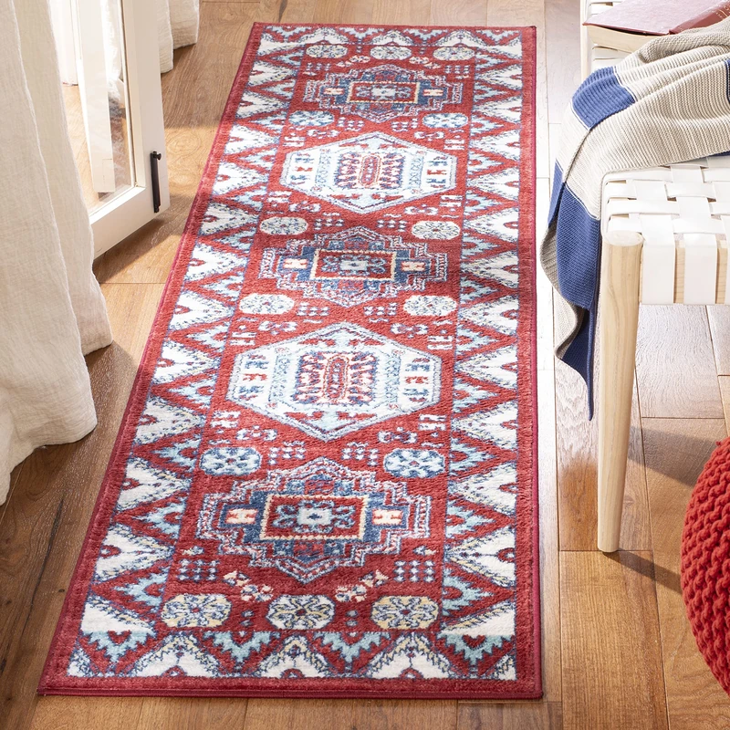 SAFAVIEH Tribal Inspired Rug for Living Room, Dining Room, Bedroom - Kazak Collection, Short Pile, in Red and Blue, 61 X 244 cm - Image 1