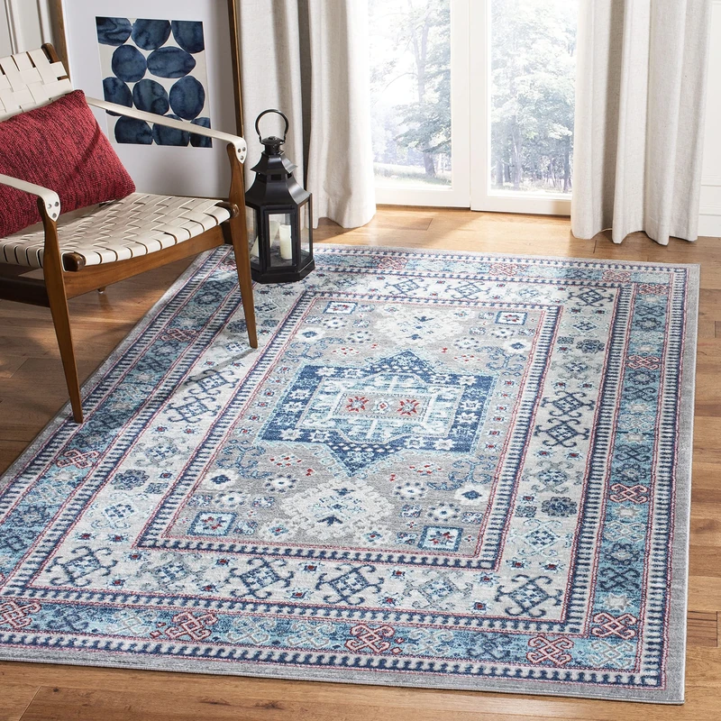 SAFAVIEH Tribal Inspired Rug for Living Room, Dining Room, Bedroom - Kazak Collection, Short Pile, in Grey and Blue, 160 X 229 cm