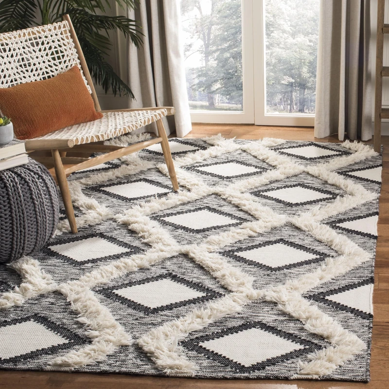 Safavieh Moroccan Inspired Indoor Hand Knotted Rectangle Area Rug, Kenya Collection, KNY454, in Black / Ivory, 183 X 274 cm for Living Room, Bedroom or Any Indoor Space