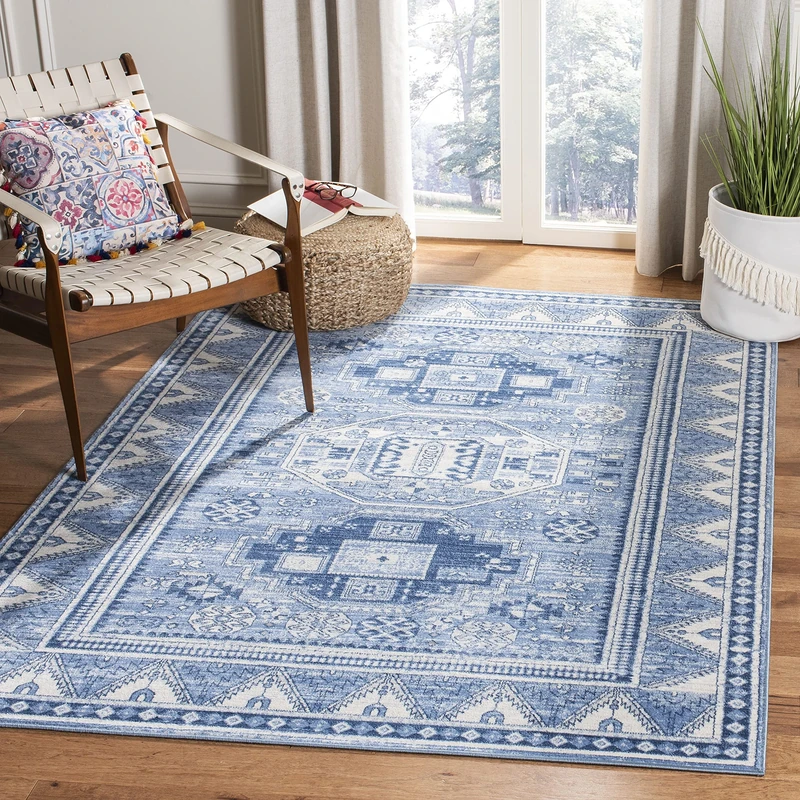 SAFAVIEH Tribal Inspired Rug for Living Room, Dining Room, Bedroom - Kazak Collection, Short Pile, in Blue and Grey, 160 X 229 cm