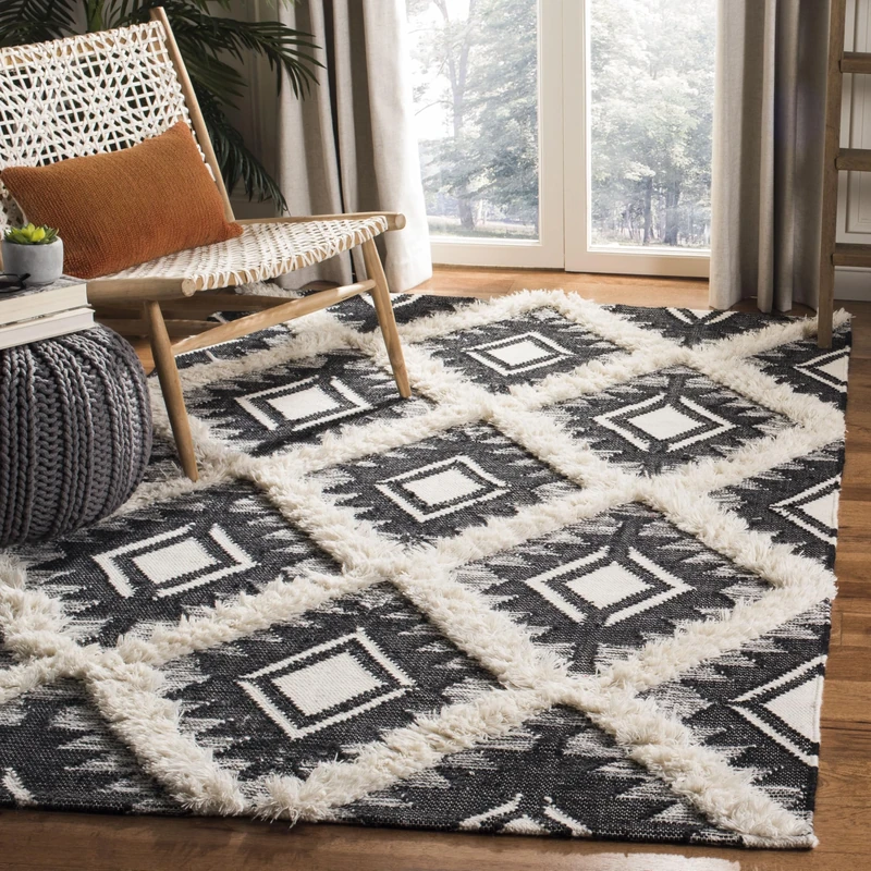 Safavieh Moroccan Inspired Indoor Hand Knotted Rectangle Area Rug, Kenya Collection, KNY453, in Black / Ivory, 183 X 274 cm for Living Room, Bedroom or Any Indoor Space