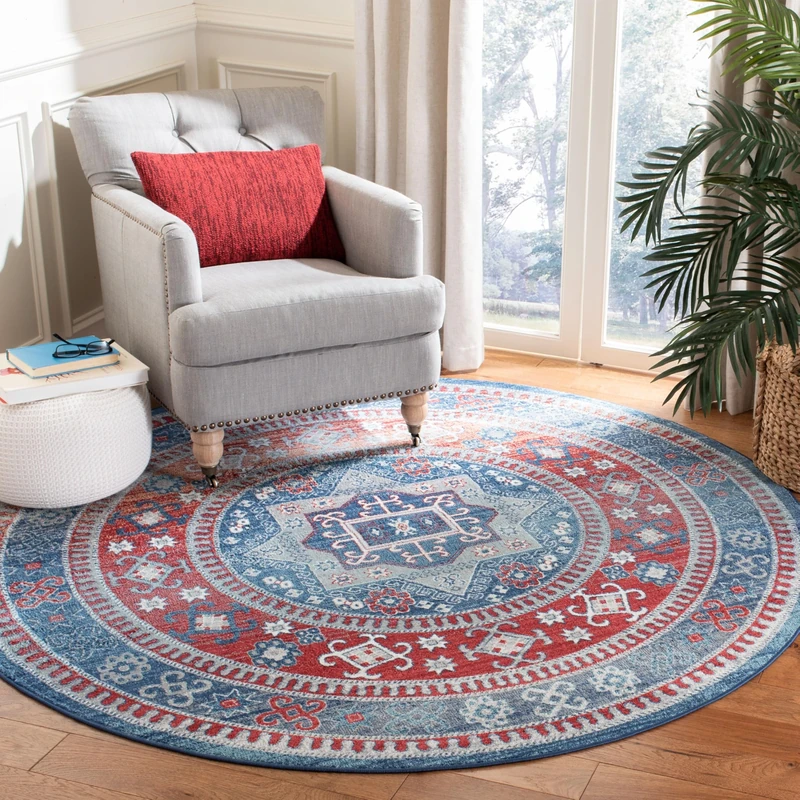 SAFAVIEH Tribal Inspired Rug for Living Room, Dining Room, Bedroom - Kazak Collection, Short Pile, in Red and Blue, 201 X 201 cm