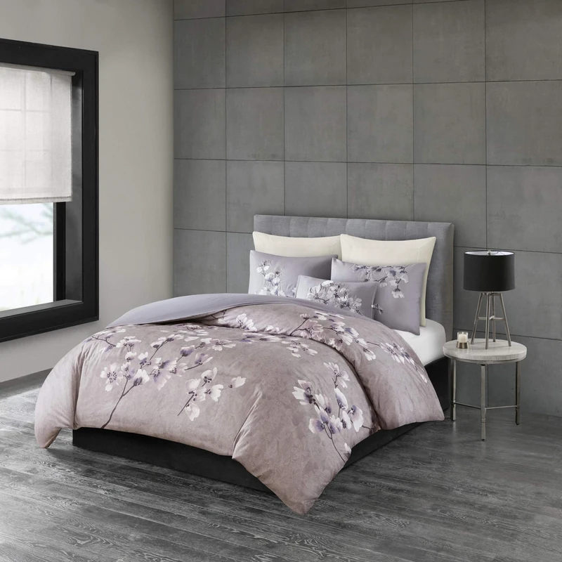 N Natori Sakura Duvet Cover Reversible Cherry-Blossom Cotton Printed Flower Floral Botanical Matching Embroidered Shams Soft Corner Ties All Season Bedding-Sets, King/Cal King(110"x96"), Lilac - Image 1