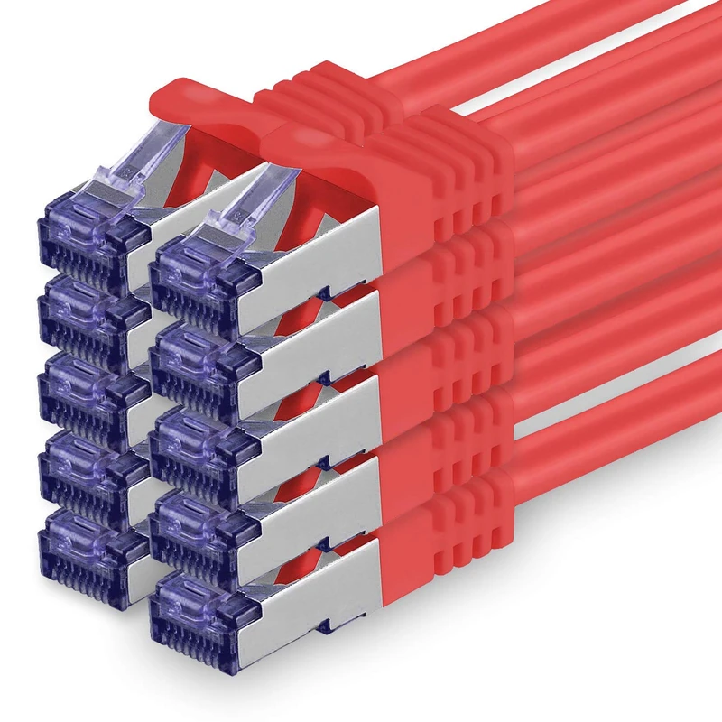 1aTTack.de Cat.7 network cable 5m - red - 10 pieces - Cat7 patch cable (SFTP/PIMF/LSZH) raw cable 10 Gb/s with Rj 45 connector Cat.6a - 10 x 5 meters red