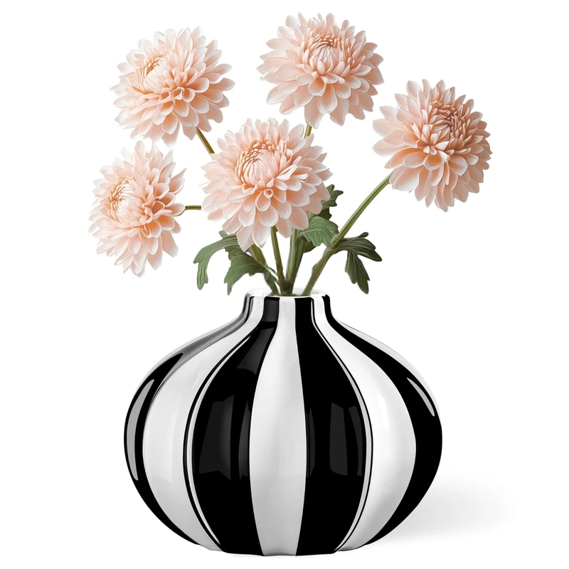 Torre & Tagus Abstract Black and White Vase - 7.25x5.5 Tall Modern Decor Ceramic Vase for Flowers with Stripes - Aesthetic Room Decor for Living Room Shelf, Fireplace Mantel, Entryway Console Table - Image 1