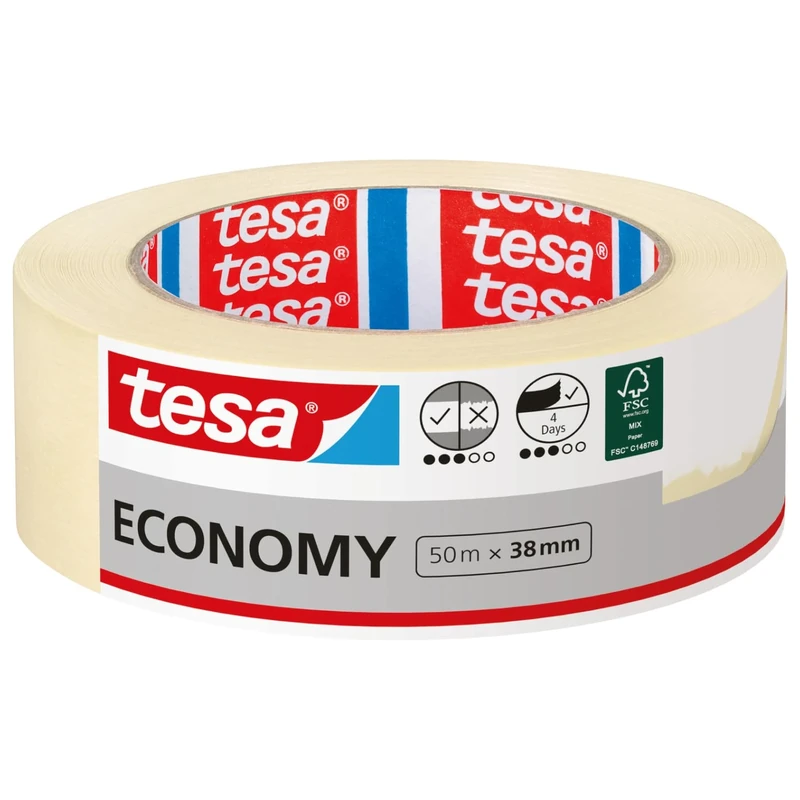 tesa Masking Tape ECONOMY EcoLogo - Painters Tape, 4 Days Residue-Free Removal, Without Solvent - Narrow, 50 m x 38 mm